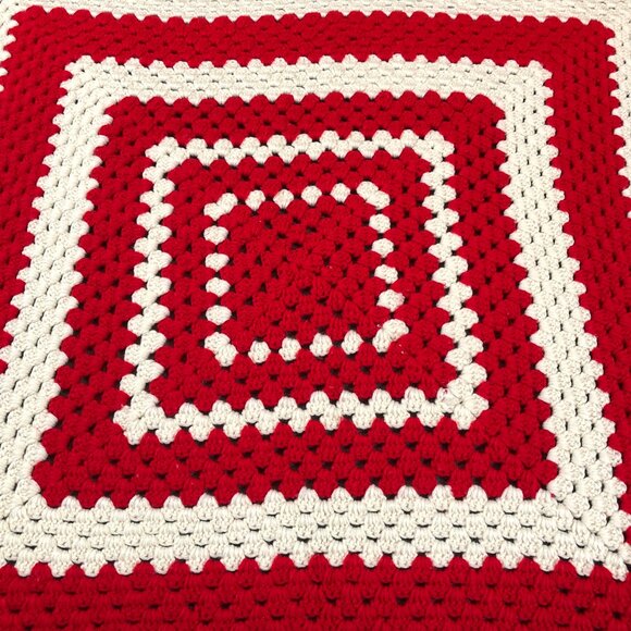 Vintage 70s Handstitched Red Off-White Square Crochet Afghan Blanket: 37"x 37" - Picture 5 of 12